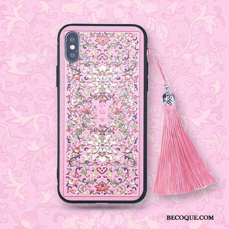 iPhone Xs Max Coque Protection Étui Style Chinois Rose À Franges Vintage